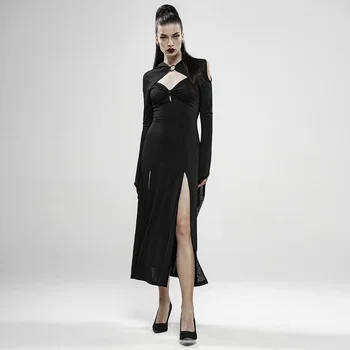 

PUNK RAVE Women Wild Witch Gothic Dress Dark Knit Metal Hollow Heart-shaped Collar Irregular Sleeve Long Dress