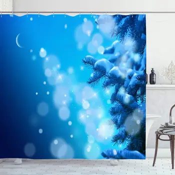 

Shower Curtain Set with Hooks 72x78 Snowcovered Moon Christmas Tree Xmas On White Blue Stars December Ice Star Sky Night