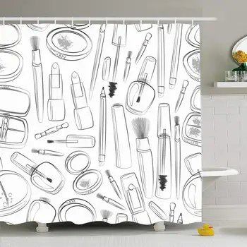 

Shower Curtain Set with Hooks 72x72 in Makeup Brushes Line Set Beauty Fashion Eyeliner Glamour Eyeshadows Adult Brush Vintage