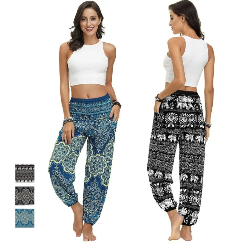 

Women Loose Yoga Pants Casual Loose Hippy Yoga Thai Lady Trousers Waist Boho Yoga Rayon Running Print Wide Leg Long Pants Harem
