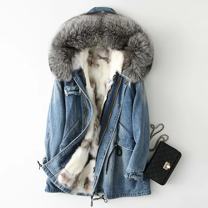 

2020 New Parka Real Fur Coat Women Winter Denim Jacket Hooded Natural Fox Fur Liner Warm Jeans Coat Overcoat KQN68659-1 KJ3154