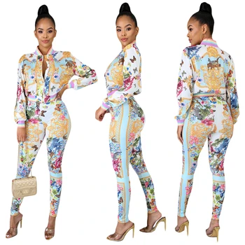 

Vintage Print Two Piece Set Tracksuit Women Clothes Zipper Crop Top Pants Suit Women Two Piece Outfits Streetwear Matching Sets