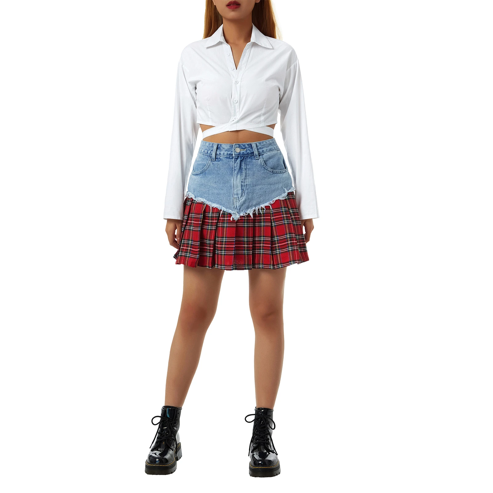 Minifalda plisada con estilo para mujer, Falda corta de tela vaquera con flecos y cintura alta, elástica, forma de A|Faldas| - AliExpress