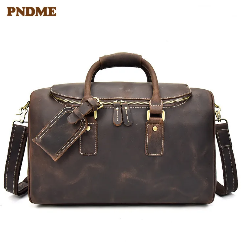 

PNDME vintage large capacity crazy horse cowhide travel luggage bag genuine leather handbag duffel bag shoulder crossbody bags