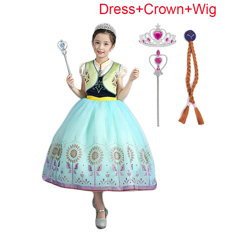 Dress Crown Wig Платье принцессы Анны для девочек; маскарадный костюм для детей; маскарадное платье принцессы Эльзы с жилетом; платье Снежной Королевы для дня рождения - Цвет: Dress Crown Wig
