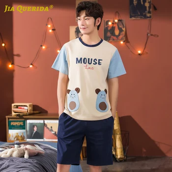 

Men Pajamas Set Sleepwear Homesuit Homeclothes Fashion Style Casual Patchwork Cartoon Printing Short Sleeve Short Pants Pj Set