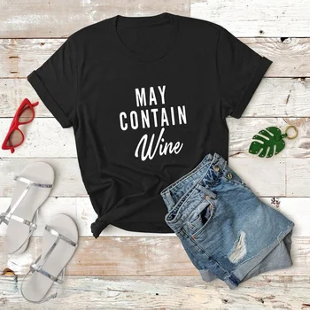 

May Contain Wine T Shirt Alcohol Shirts Womens Letter Print Tops Funny Drinking Shirt Casual Short Sleeve Graphic Tees Top