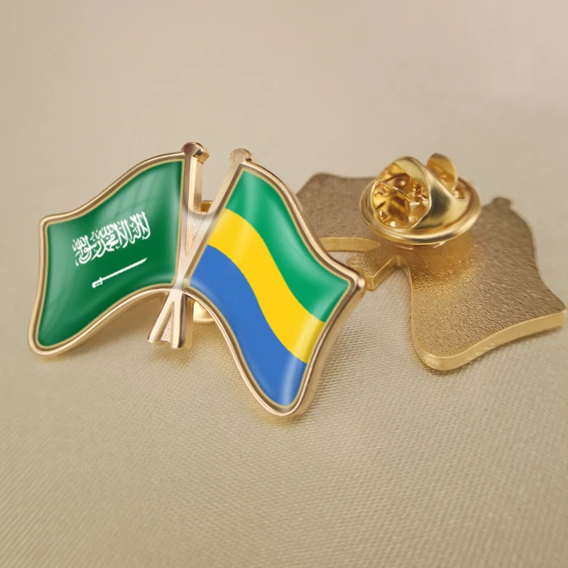 

Saudi Arabia and Gabon Crossed Double Friendship Flags Lapel Pins Brooch Badges