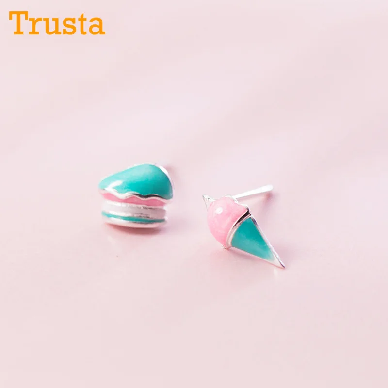 Trusta 925 пробы серебряные женские ювелирные изделия Асимметричный Торт Мороженое серьги-гвоздики подарок для девочек Дети Леди DS732