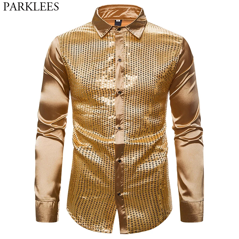 Luxury Gold Sequin Silk Dress Shirts Men Long Sleeve Button Down Disco