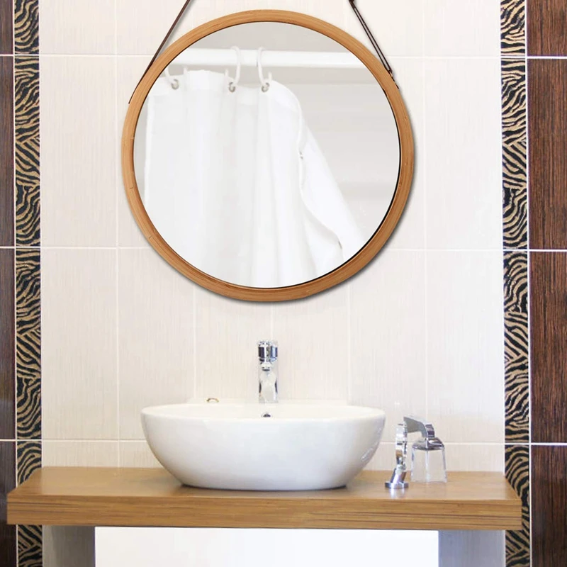  Hanging Round Wall Mirror in Bathroom & Bedroom - Solid Bamboo Frame & Adjustable Leather Strap Pro