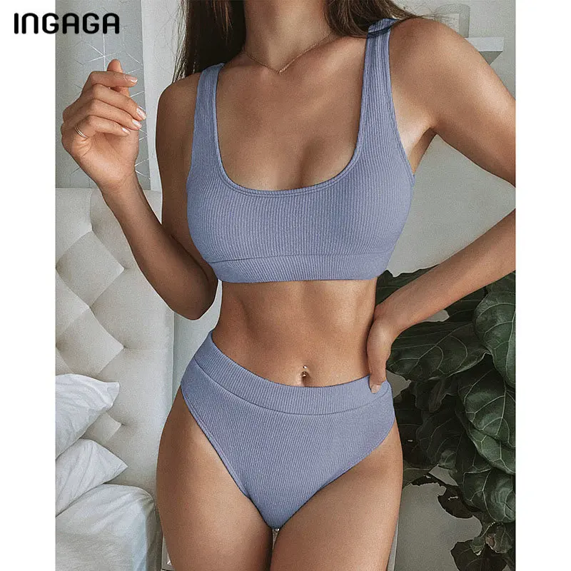 INGAGA 2020 Bikini Set High Waist Swimsuit Female Solid Ribbed Swimwear Women Biquini Bathing Suits Push Up Two-pieces Bikinis INGAGA 2020 Bikini Set High Waist Swimsuit Female Solid Ribbed Swimwear Women Biquini Bathing Suits Push Up Two-pieces Bikinis
