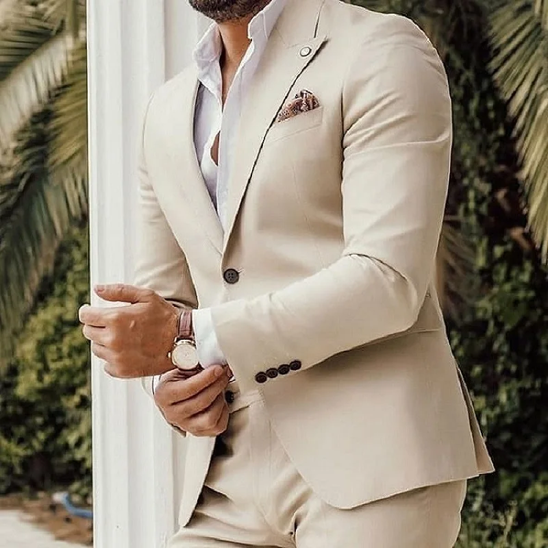 Four Seasons Men's Beige Suits Classic Style Peaked Collar Single Breasted Clothing Trouser Coat for Wedding Party Costume Homme
