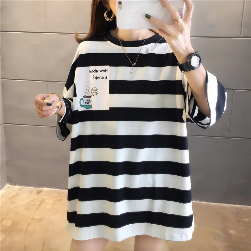 Summer Boyfriendy Loos Rainbow Striped T-shirts Women Plus Size Streetwear Harajuku Oversized T Shirt Casual Femme Tops Tees