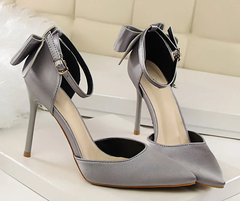 Beauty Shoes Stiletto Hollow Back Bow Sandals Korean Version of Sweet High-heeled Shallow Pointed Satin Butterfly Shoes Women PU
