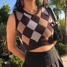 Knitted Vest 2021 New Style Rhombic Check Sleeveless V-neck Knitted Vest Women's Casual Wool Knit Top Pull Femme Waistcoat