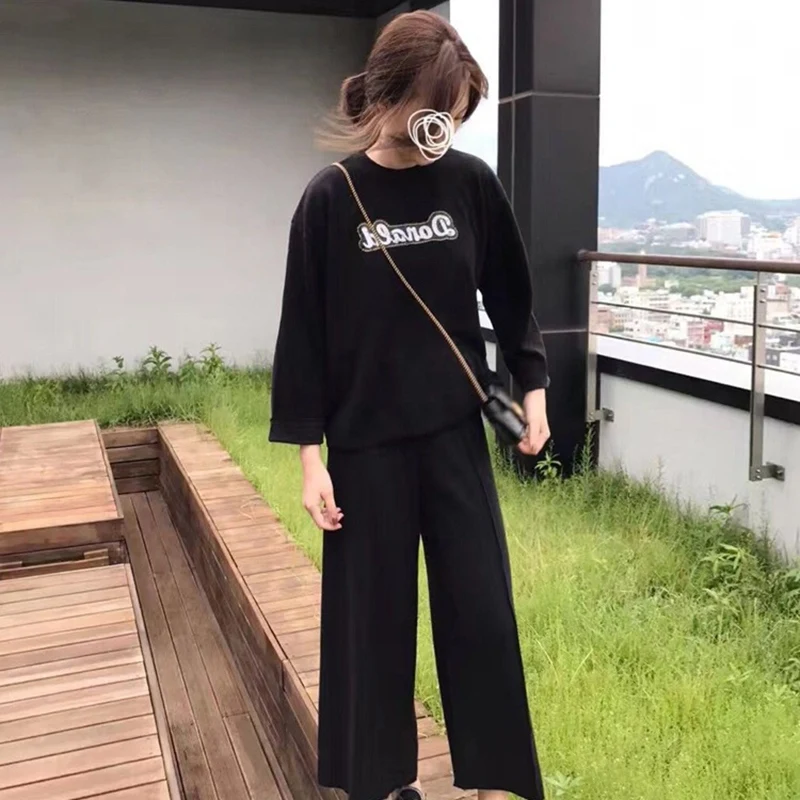 Ladies Autumn Winter Comfy Pajamas Loose Two Pajamas Suit Home Service Letter Printing Simple Long-sleeved T-shirt+ Trousers