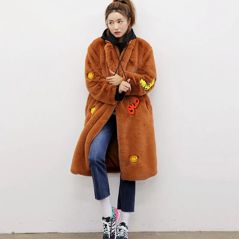 

2019 Fashion Girls Korea Designer Winter Long Faux Fur Coat Ladies Plus Size Warm Clothes Outerwear for Women Black Green Brown
