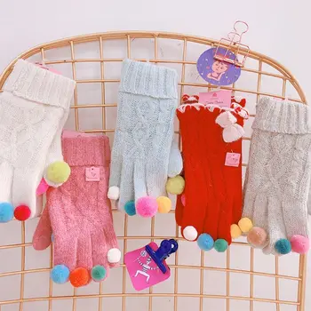 

Women Winter Braided Knit Gloves Sweet Contrast Candy Color Pompom Warm Mittens