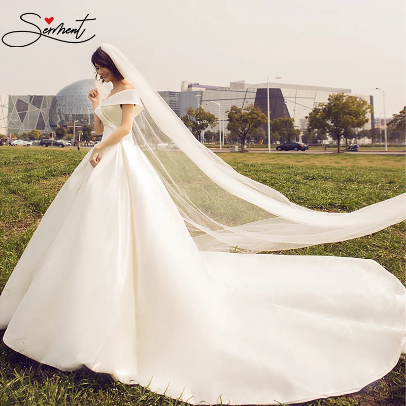 SERMENT Luxury Silky and Comfortable Satin Wedding Dress Strapless Lace Up Off The Shoulder 50cm Trailing Pregnant Women Size