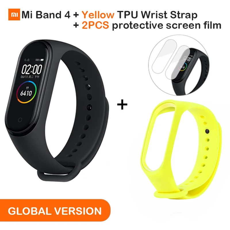 Add Yellow Strap Глобальная версия, Xiaomi mi, 4 смарт-браслета, цветной дисплей, браслет, пульсометр, фитнес, Bluetooth, 5,0, для плавания, mi ng, водонепроницаемый - Цвет: Add Yellow Strap