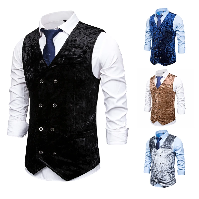 

PUIMENTIUA Mens Slim Fit Double Breated Suit Vest 2019 Brand Formal Dress Business Wedding Vest Waistcoat Men Solid Color Homme