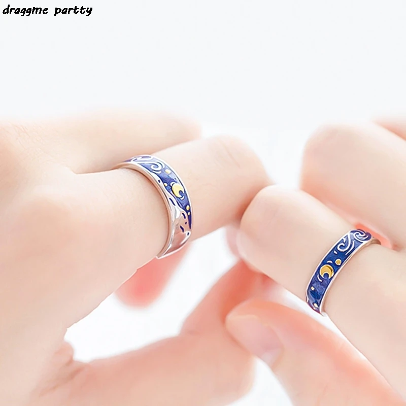 Color Van Gogh ring Starry Sky Couple Ring Blue Night Adjustable Lover Rings For Women Men Valentine's Gift Jewelry | Украшения и