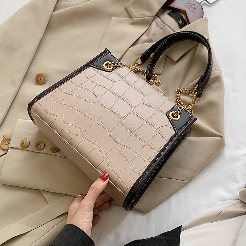 

Stone Pattern Contrast Color PU Leather Shoulder Bag for Women 2020 Branded Chain Designer Handbags Women's Trend Hand Bag