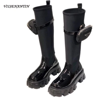 

Belt Buckled Pocket Stretch Leather Military Boots Flat Platform Designers Chunky Sole New Round Toe High Heel Black Shoes Women