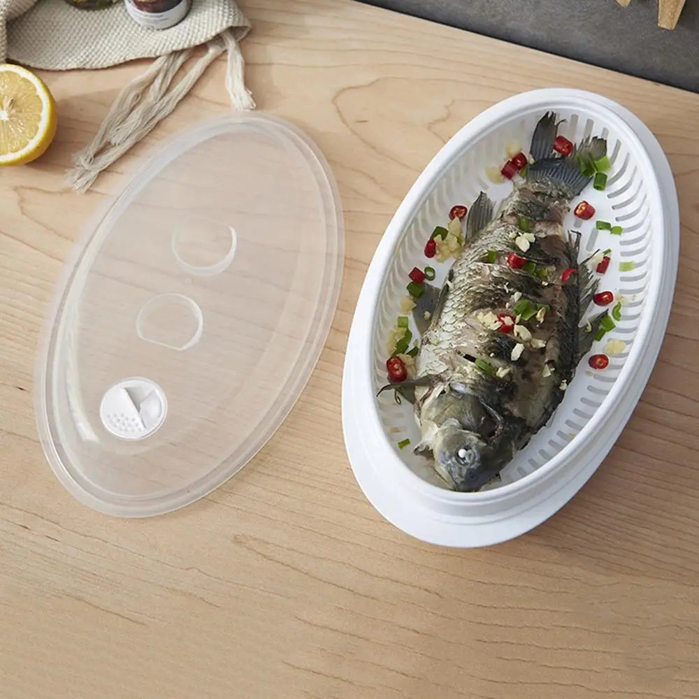 Multi Healthy Kitchen Microwave Fish Steamer With Lid Plastic Cooking Tools Food Cookware fish Storage Boxes 32.7*18.6*9.5cm @25 | Дом и сад