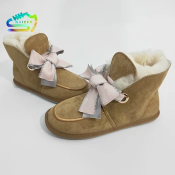 

NAICEN Fashion Women's Boots Natural Sheepskin Snow Boots Real Wool Winter Boots Ankle Antiskid Sole With Ribbon + Fox Hair Ball