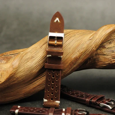 Handcrafted Genuine Leather Brown Porous Breathable Watchstrap with Detailed Stitching