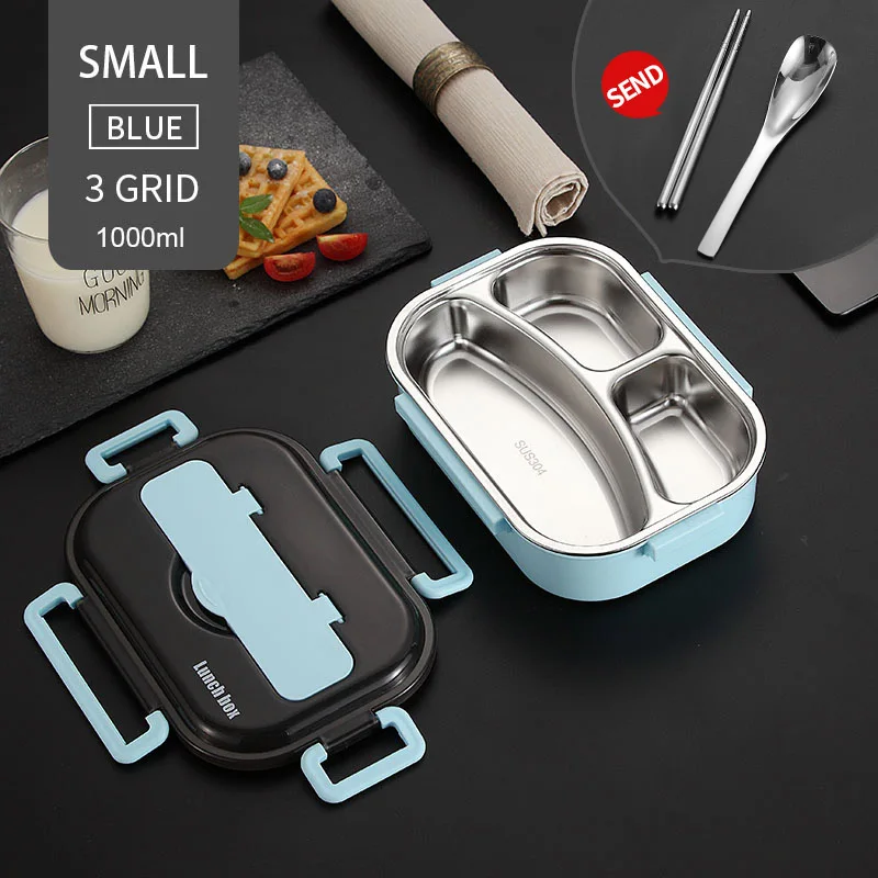 1000ml 3 Grid Blue WORTHBUY японский детский Ланч-бокс из нержавеющей стали 304, Ланч-бокс с отсеком, посуда, контейнер для микроволновой печи - Цвет: 1000ml 3 Grid Blue