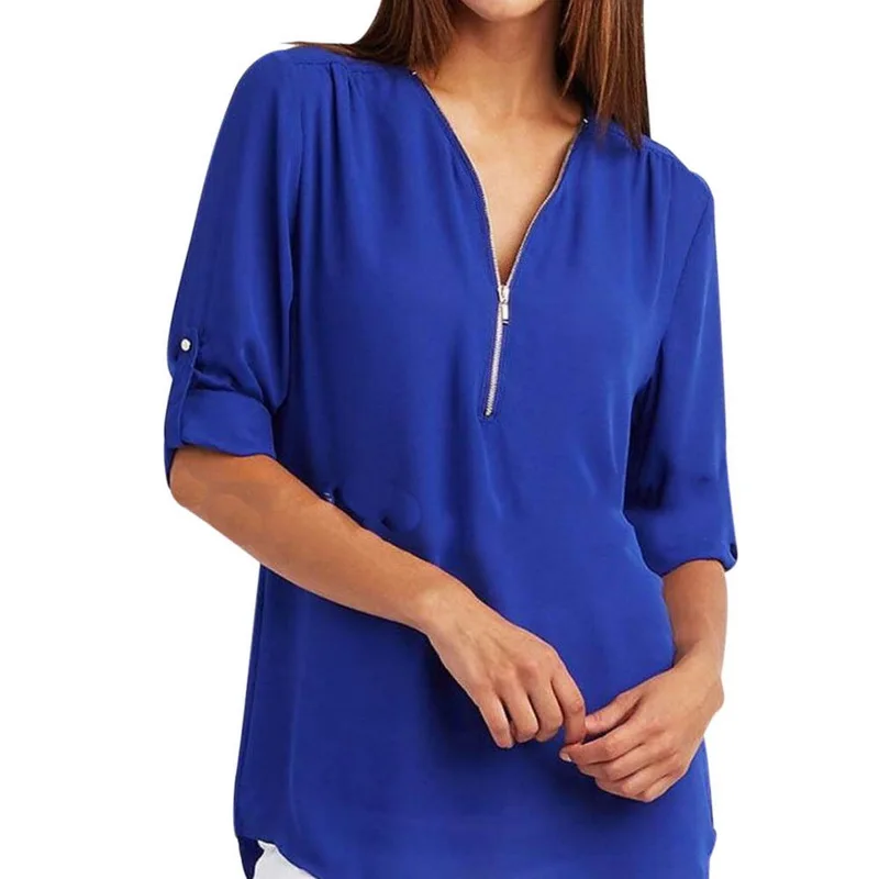 2019 Summer Women Chiffon Blouse 5XL Plus Size Chemise Femme V-neck Roll Up Sleeve Zipper Tunic Tops Summer Casual Loose Shirt