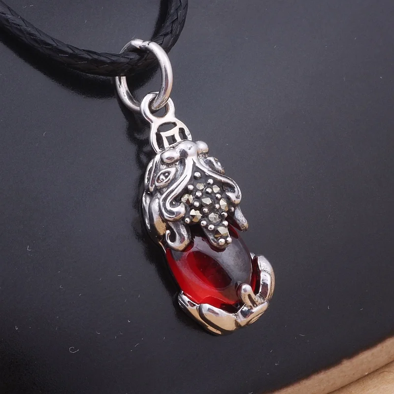 Fine Sterling S925 Silver Pendant Women Luck Bless Garnet Pixiu 25x8mm Best Gift | Украшения и аксессуары