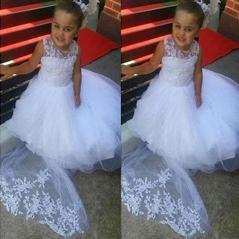 Пышные Детские Платья с цветочным узором для девочек на свадьбу, фатиновые с длинным кружевным шлейфом, детские платья принцессы, платье