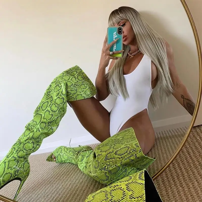 

Sexy Ladies Green Snakeskin Print Pattern Over The Knee Boots Autumn Dress Boots Slim Thigh Boots Peep Toe High Heel Stiletto