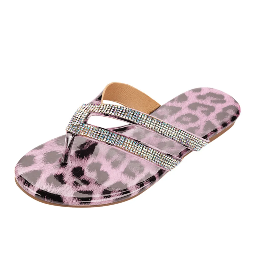 

SAGACE Flip-Flops Beach Slipper Women Leopard Print Breathable Round Toe Non-slip Shoes Light Flat Bottom Rhinestone Sandals