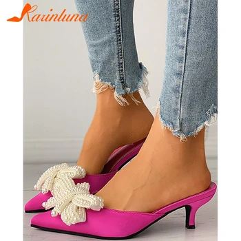 Karinluna 2021 New Fashionable Hot Sale Shoes Woman Mules Pearl slip-on Low Heels Pointed Toe Ladies Pumps butterfly-knot Female 1