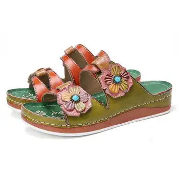 

2020 Summer Flat Women Slippers Sandales Embroidery Handmade Retro Flowers Flip-flops Women Slides Beach Shoes Femme Pantoufles