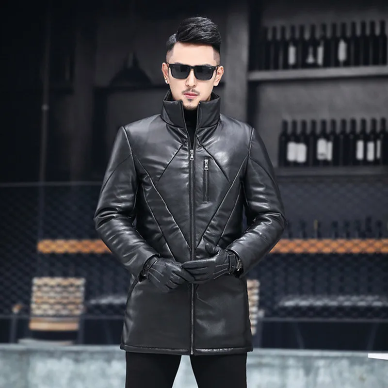 Winter New Style Leather Down Jacket Men's Mid length Leather Coat ...