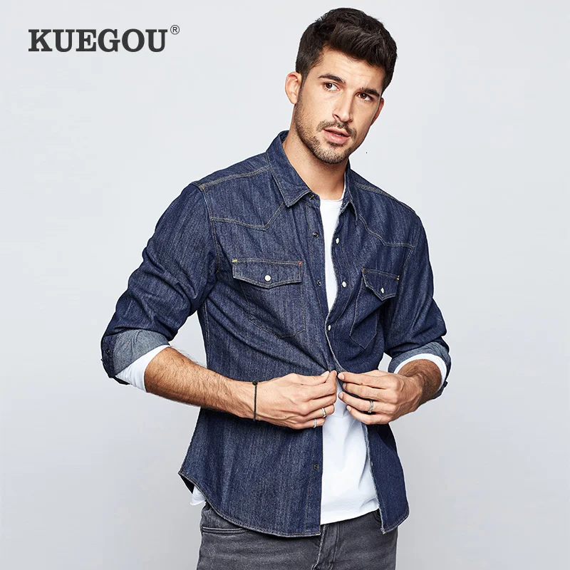 KUEGOU 2019 осень 100% хлопок синяя джинсовая рубашка мужская одежда на пуговицах