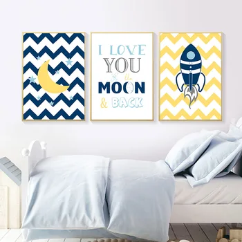 

Nursery Quotes Canvas Poster Moon Blue Rocket Wall Art Print Painting Nordic Kids Decorative Picture Children Bedroom Decoration