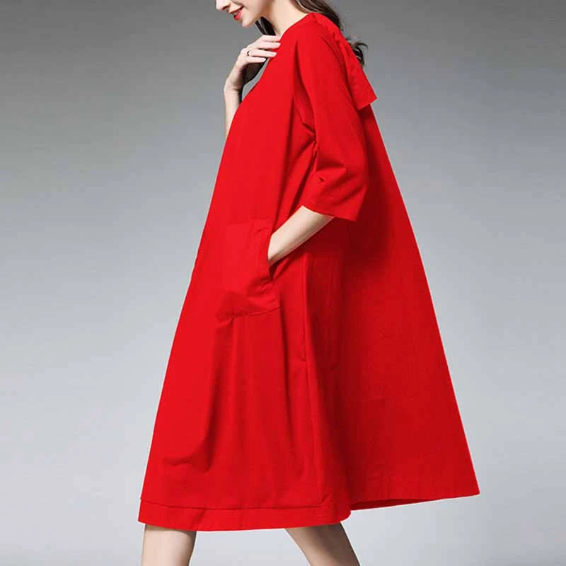 [YaLee] New Fashion Summer Autumn Simple Round Neck Three Quarter Sleeve Stitching Pockets Loose Dress Women N054