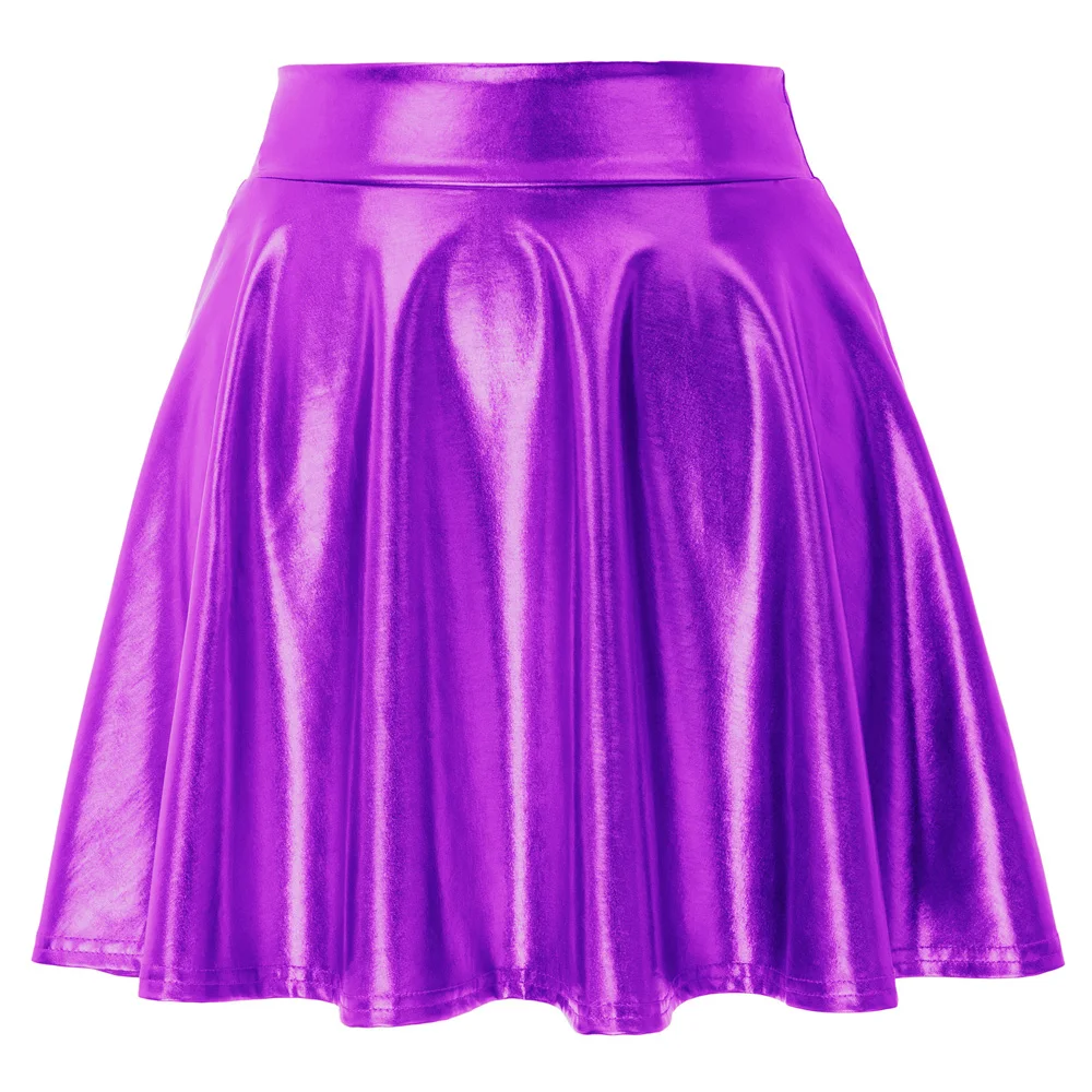 Grace Karin, ИМИТИРОВАННАЯ КОЖА, блестящая металлическая, как скейтерская юбка, Женская Сексуальная короткая мини-юбка, летняя плиссированная Расклешенная юбка А-силуэта - Цвет: Violet