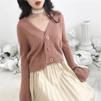 

Solid Color Autumn Winter Sweater Women Cardigans Retro Sweaters Flared Long Sleeves Female Slim Short Knitted Sweater Outer Top