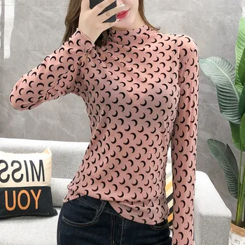 

Mesh Tshirt Women 2020 New Spring Slim Long-Sleeve T-shirt Women's High Collar Shirt T-shirt Tight-Fit Top Ladies Tops Femininas