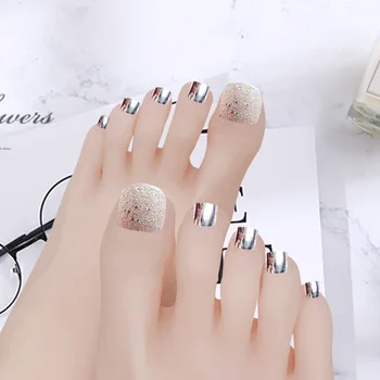 

24PCS/SET Artificial Toe Nail Sliver Glitter Rhinestone Beauty False Toenail Nails Fashion Lady Nail Art Tips For Foot JJP001-B5