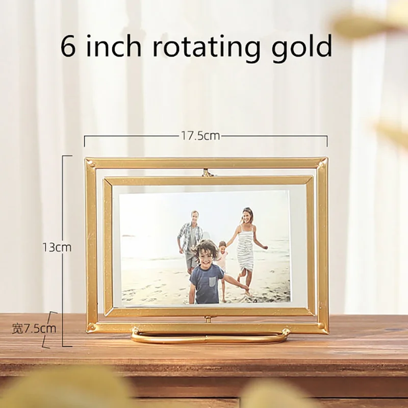 6 inch rotating gold Геометрическая металлическая Стеклянная фоторамка Складная Вращающаяся стерео комбинированная стеклянная рамка настольные украшения свадебное украшение для дома - Цвет: 6 inch rotating gold