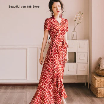 

sweet new fashion 2020 Summer floral irregular chiffon dress seaside holiday beach dress